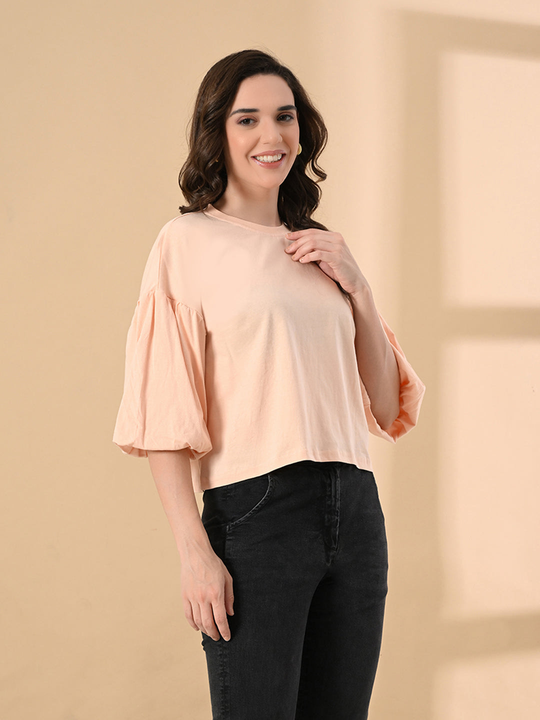 Women’s 100% Cotton Oversized Crop Top – Balloon Sleeves & Trendy Round Neck