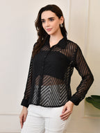 Women’s Chiffon Shirt – Full Sleeve, Collared, Regular Fit, Solid Self-Design Zig Zag Texture Shirts