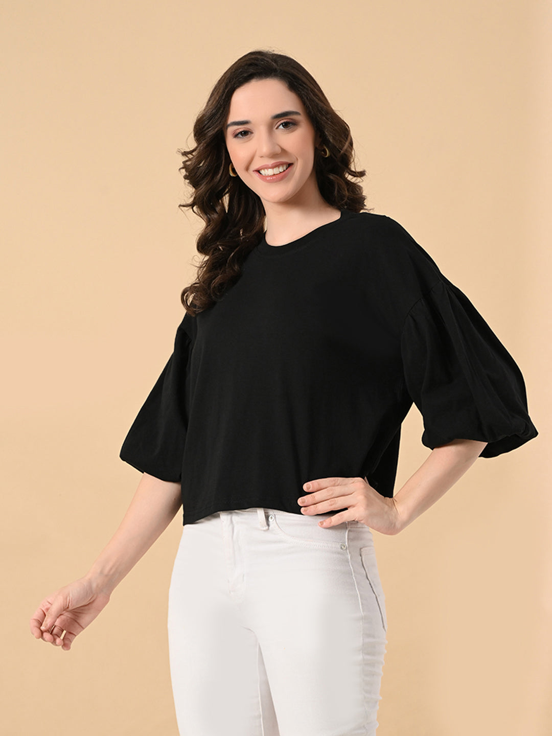 Oversized Cotton Crop T-Shirt for Women – Balloon Sleeves