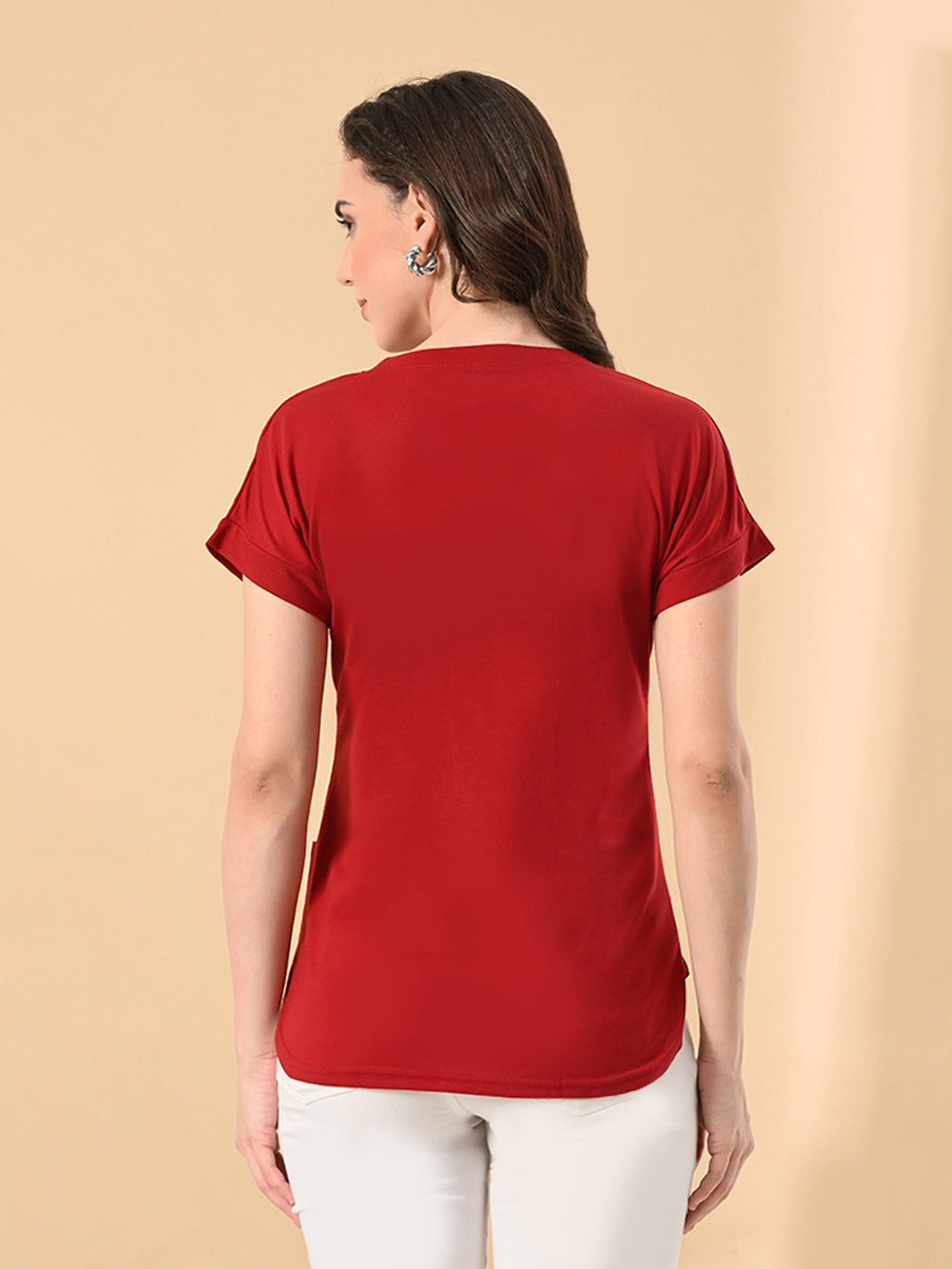 Women’s High-Low Hem T-Shirt – Cotton Lycra, Crystal Print, Short Sleeves, Casual Wear