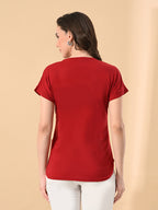 Women’s High-Low Hem T-Shirt – Cotton Lycra, Crystal Print, Short Sleeves, Casual Wear