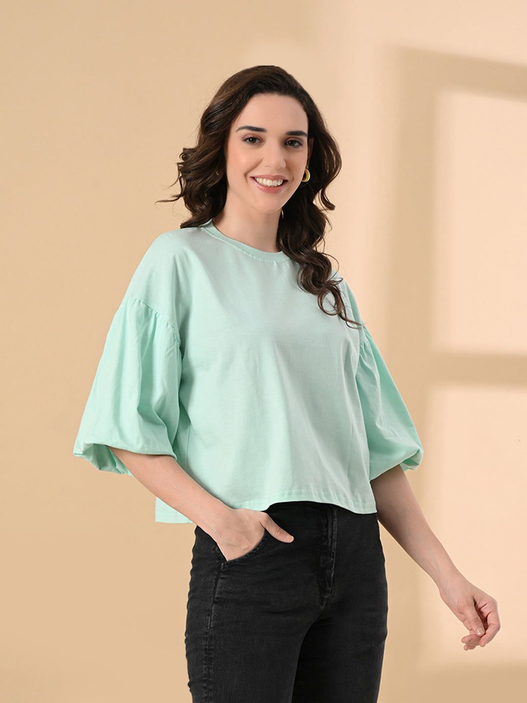 Oversized Balloon Sleeve Crop Top for Women