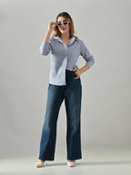 OWL MINK Women’s Blue Cotton Striped Shirt | Regular Fit, Full Sleeve