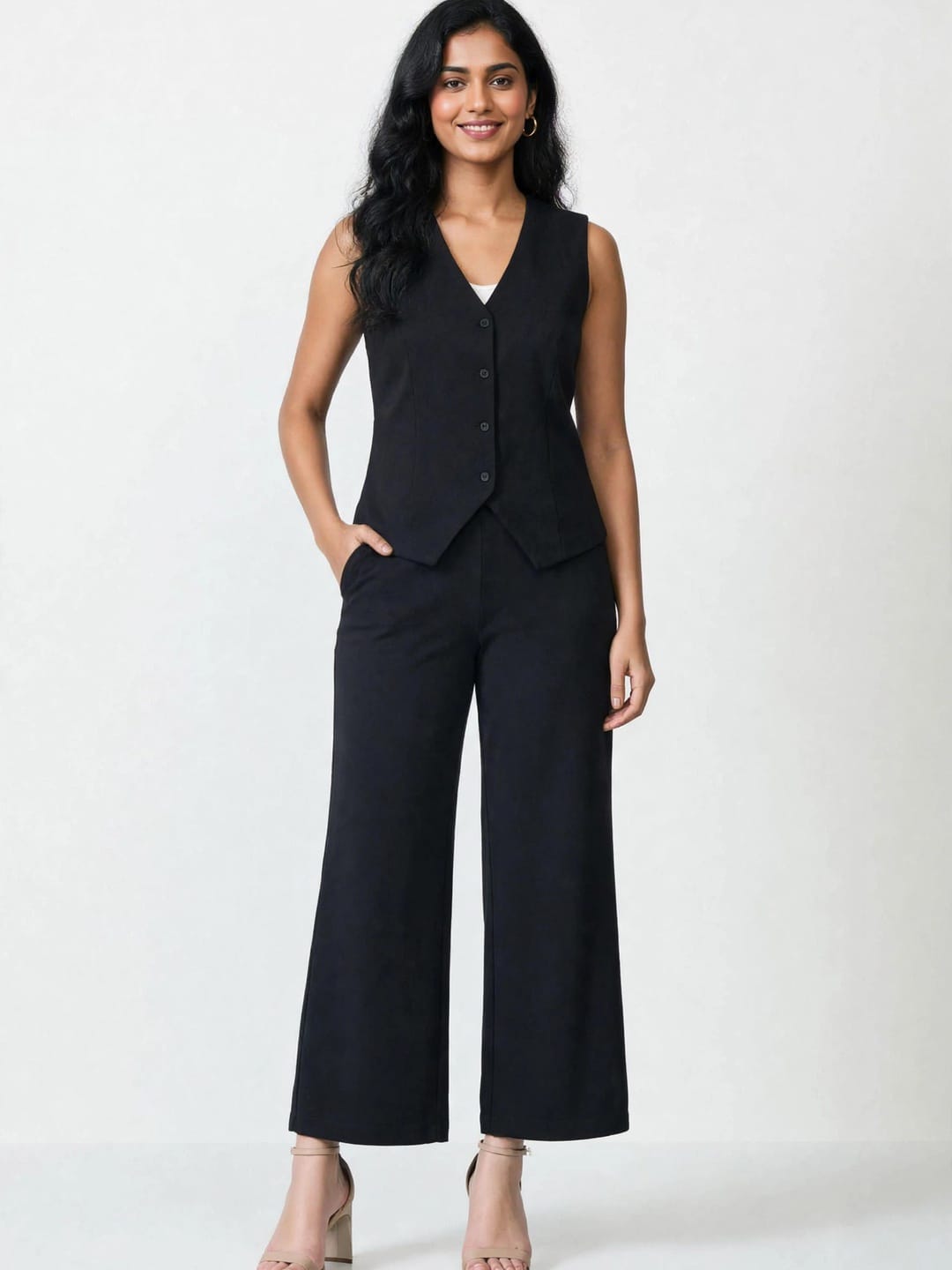 Women's Solid Sleeveless V-Neck Longline Waistcoat Co-Ord Set| Regular Fit Lycra Blend Knitted Waistcoat and Wide Leg Trouser for Casual, Office Wear & Semi-Formal Occasions