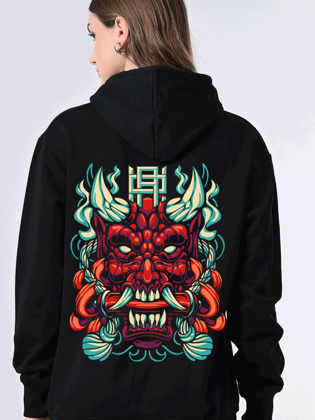 Women’s Black Printed Hoodie – Relaxed Fit, Full Sleeves, Lined Hood, Ribbed Hem, Stylish Winter Wear