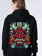 Women’s Black Printed Hoodie – Relaxed Fit, Full Sleeves, Lined Hood, Ribbed Hem, Stylish Winter Wear