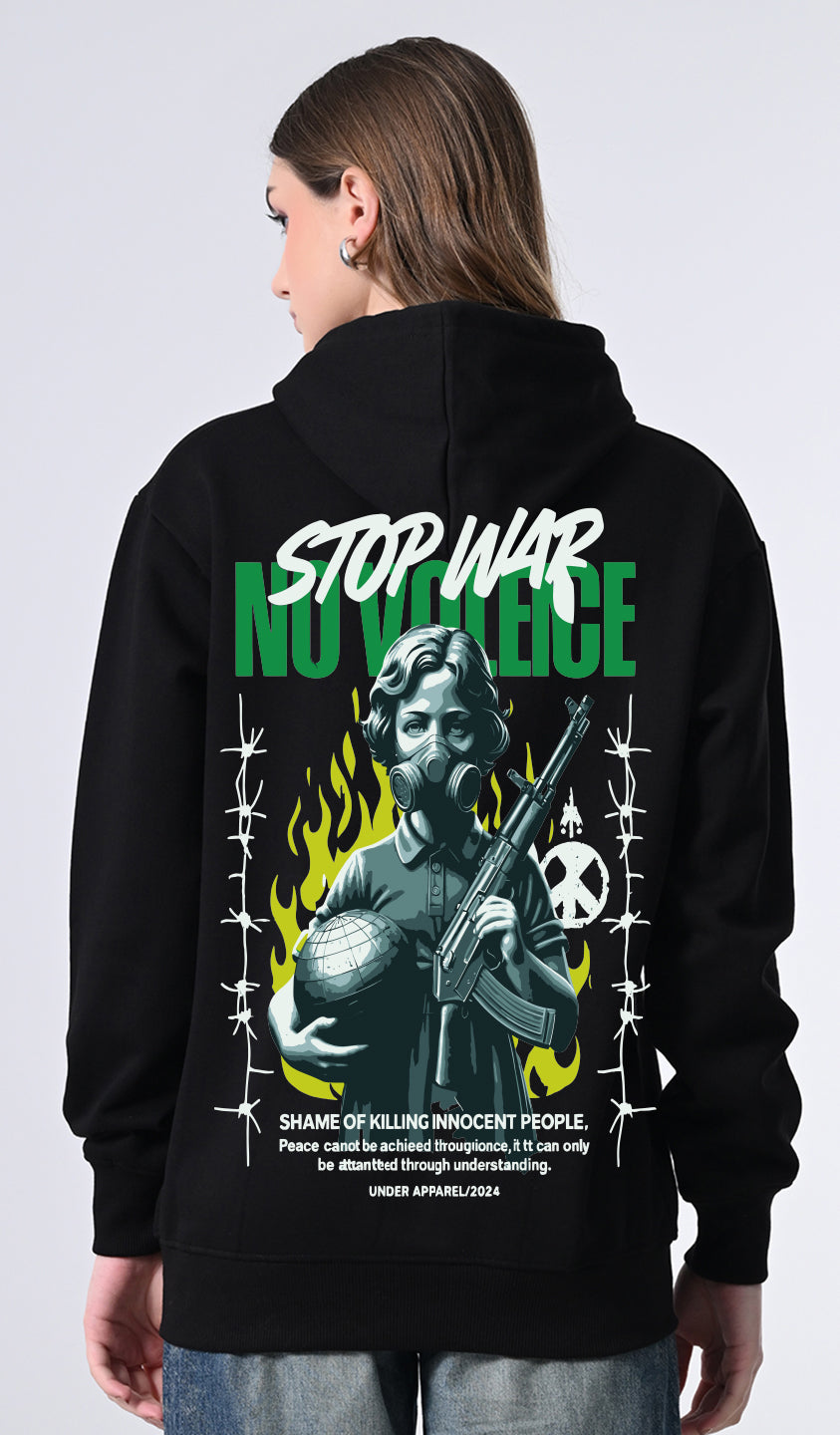 Women’s Black Printed Fleece Hoodie with Kangaroo Pocket