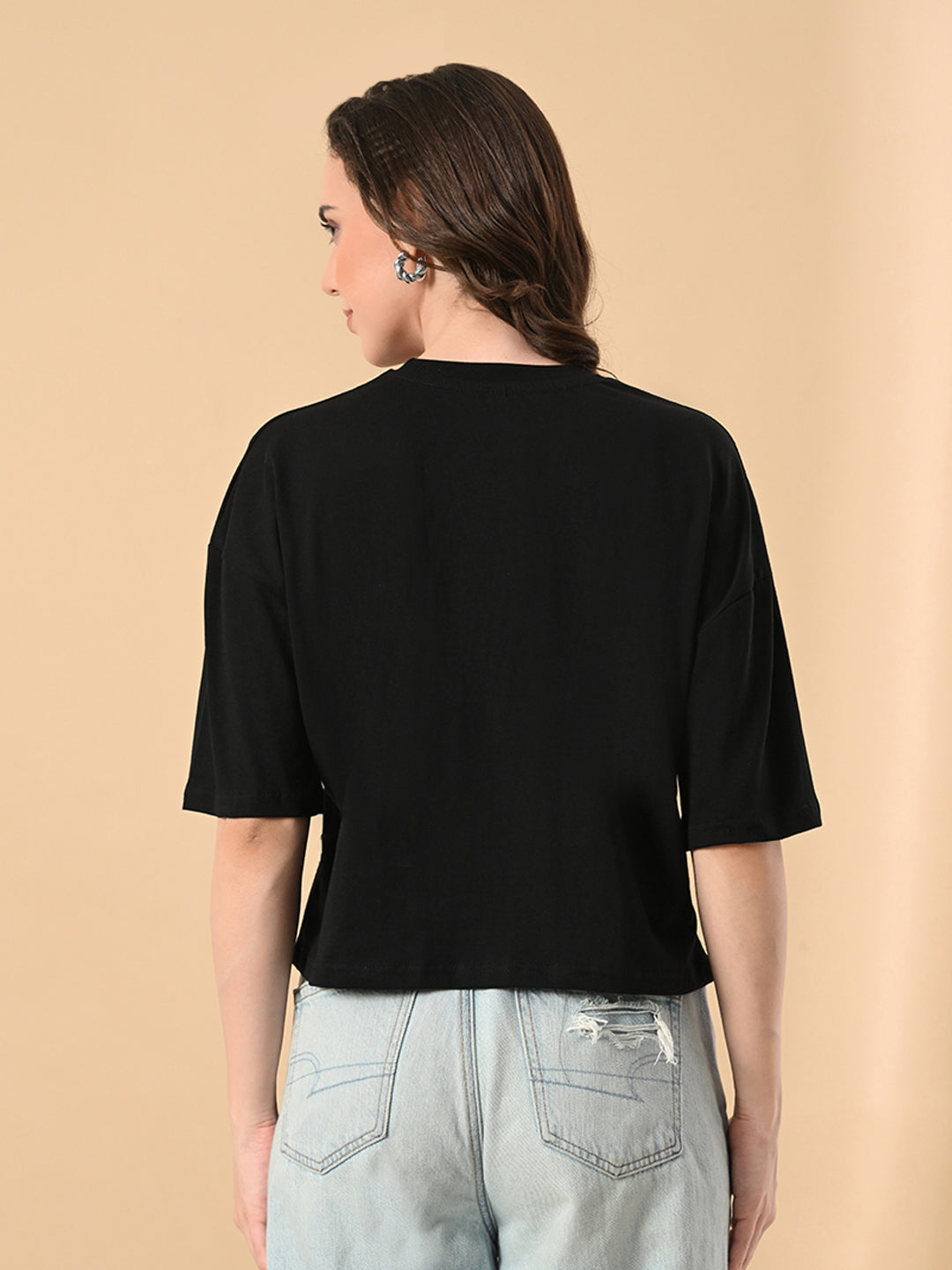 Women's Oversized Drop Shoulder Crop T-Shirt – 100% Cotton, Round Neck Half Sleeves