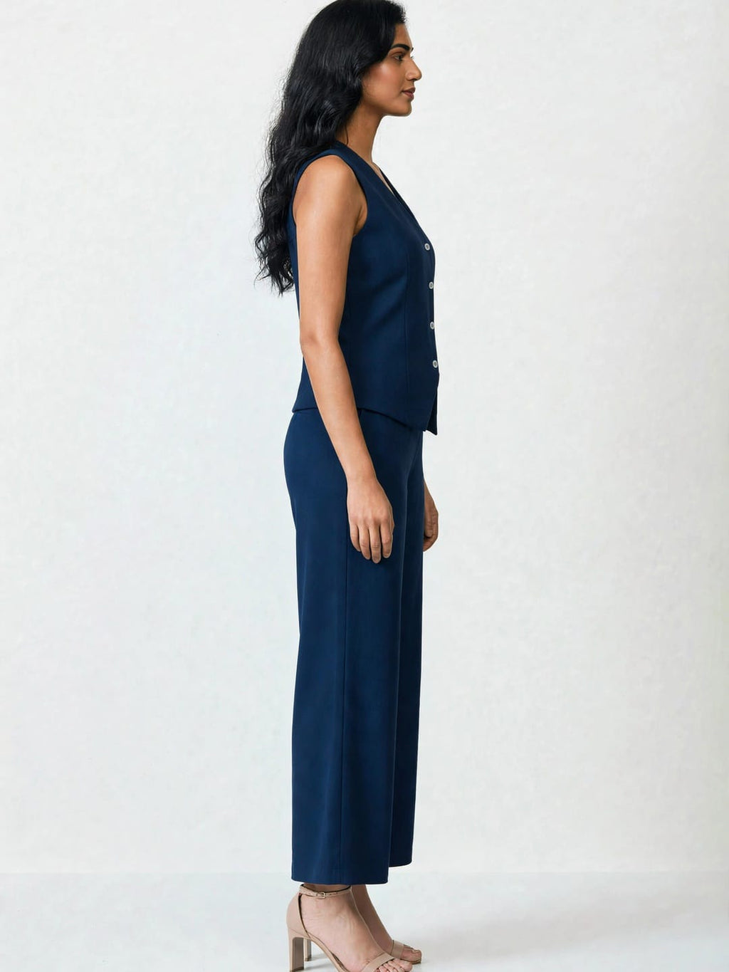 Women's Solid Sleeveless V-Neck Longline Waistcoat Co-Ord Set| Regular Fit Lycra Blend Knitted Waistcoat and Wide Leg Trouser for Casual, Office Wear & Semi-Formal Occasions