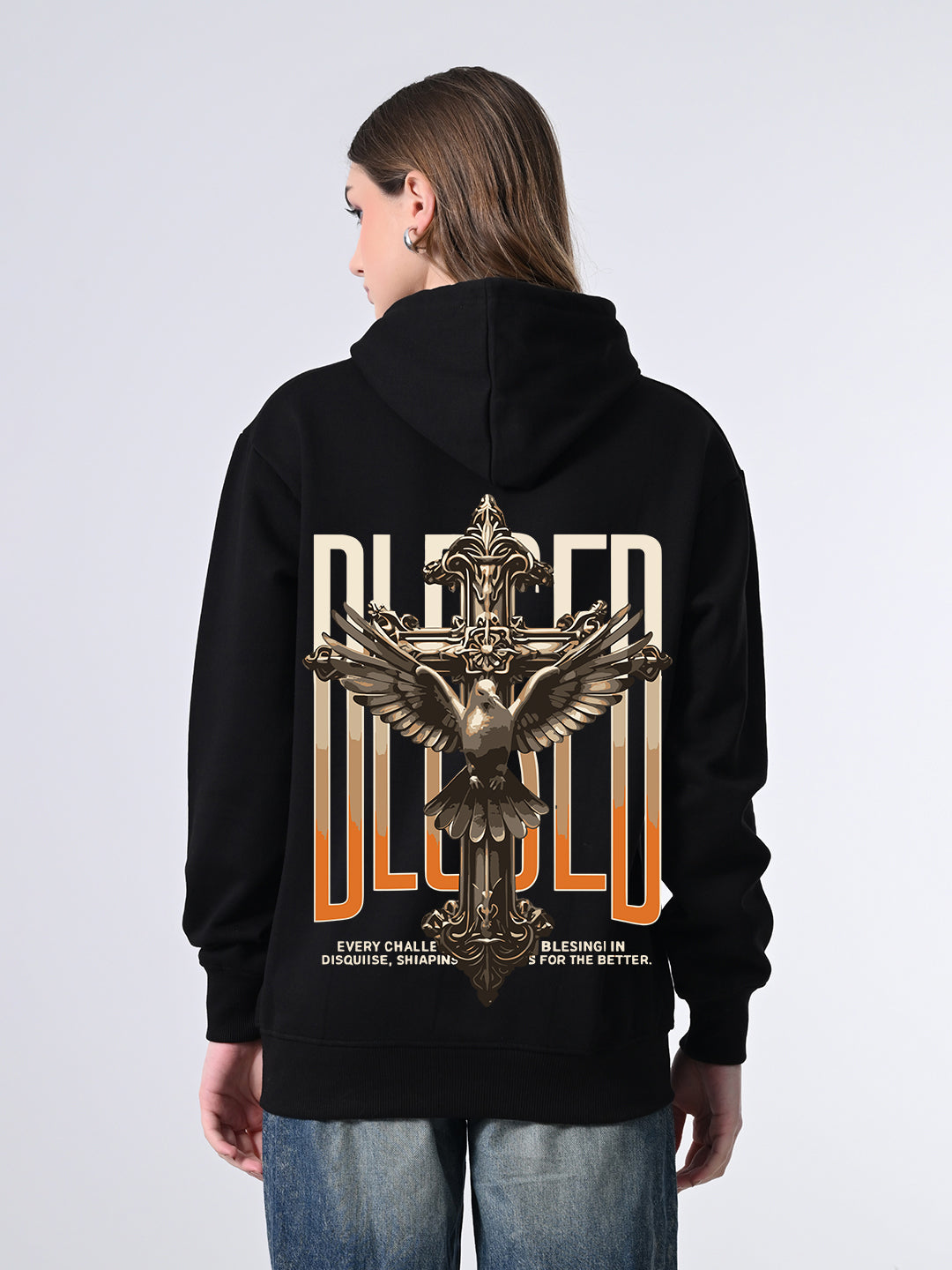 Women’s Black Relaxed Fit Hoodie – Printed Fleece Pullover with Kangaroo Pocket