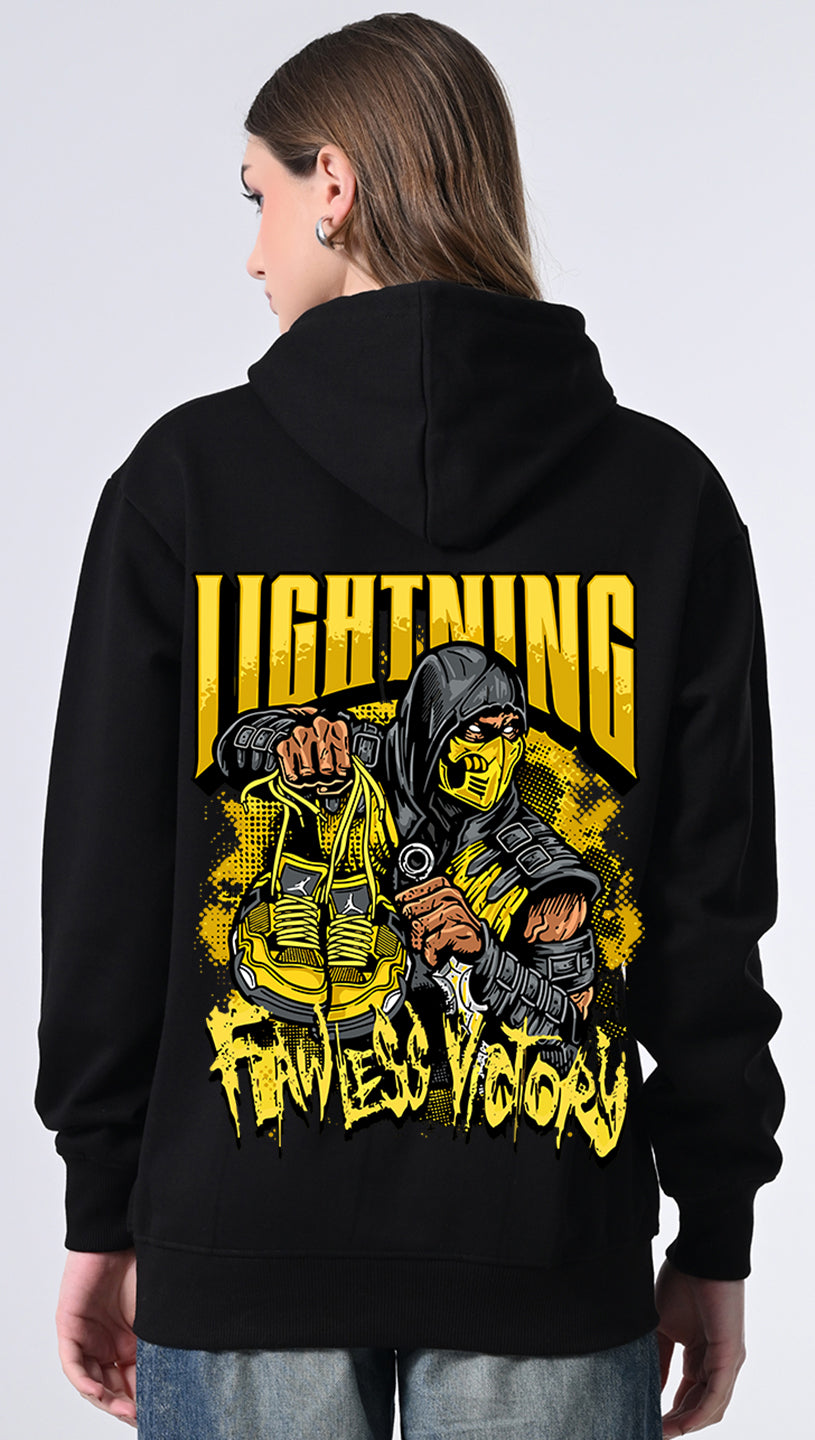 Women’s Fleece Hoodie – Black Printed Pullover with Kangaroo Pocket