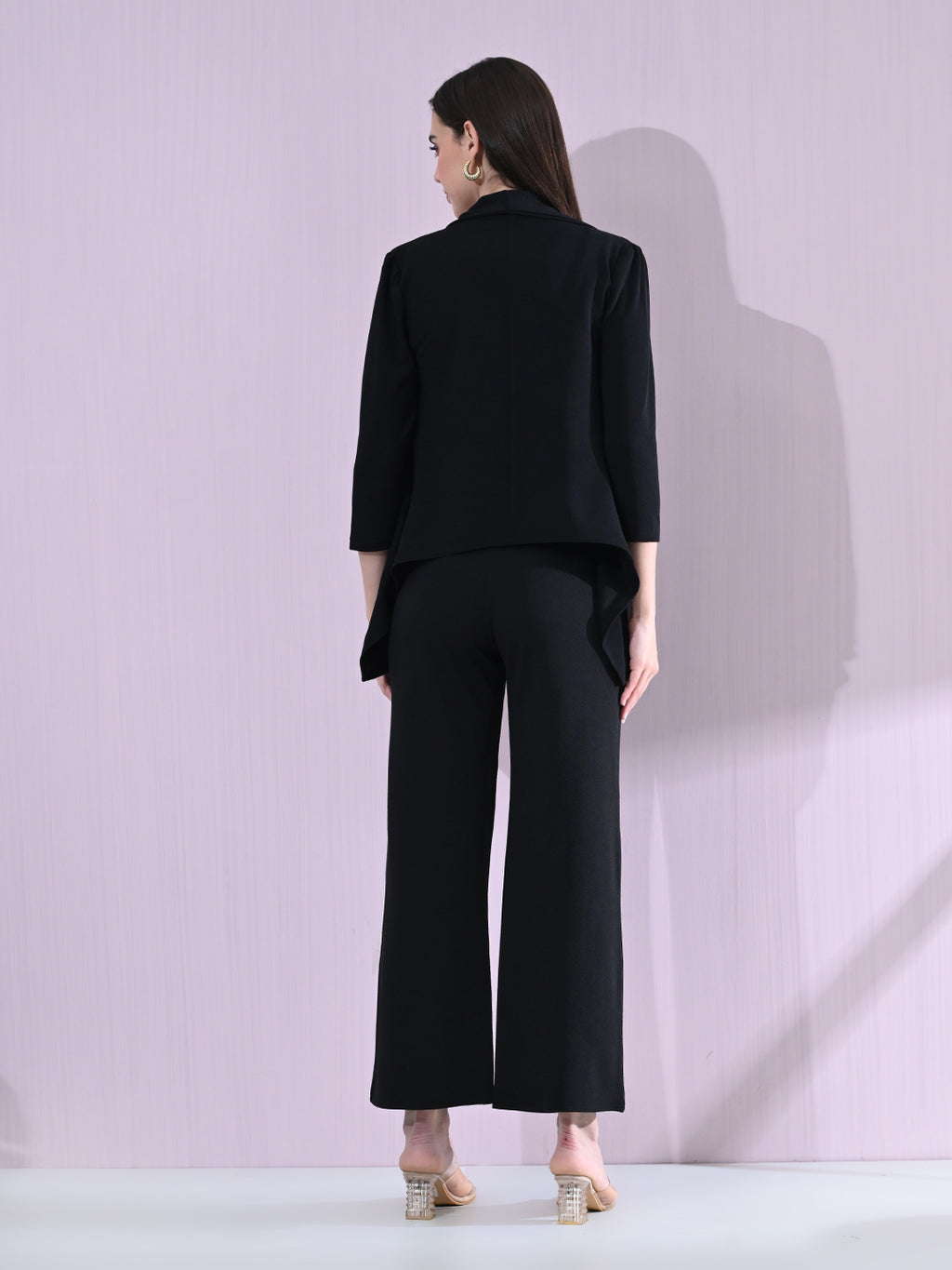 Women's Solid Relaxed Fit 3/4 Sleeve Co-ord Blazer and Trouser Set Black