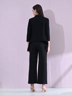 Women's Solid Relaxed Fit 3/4 Sleeve Co-ord Blazer and Trouser Set Black