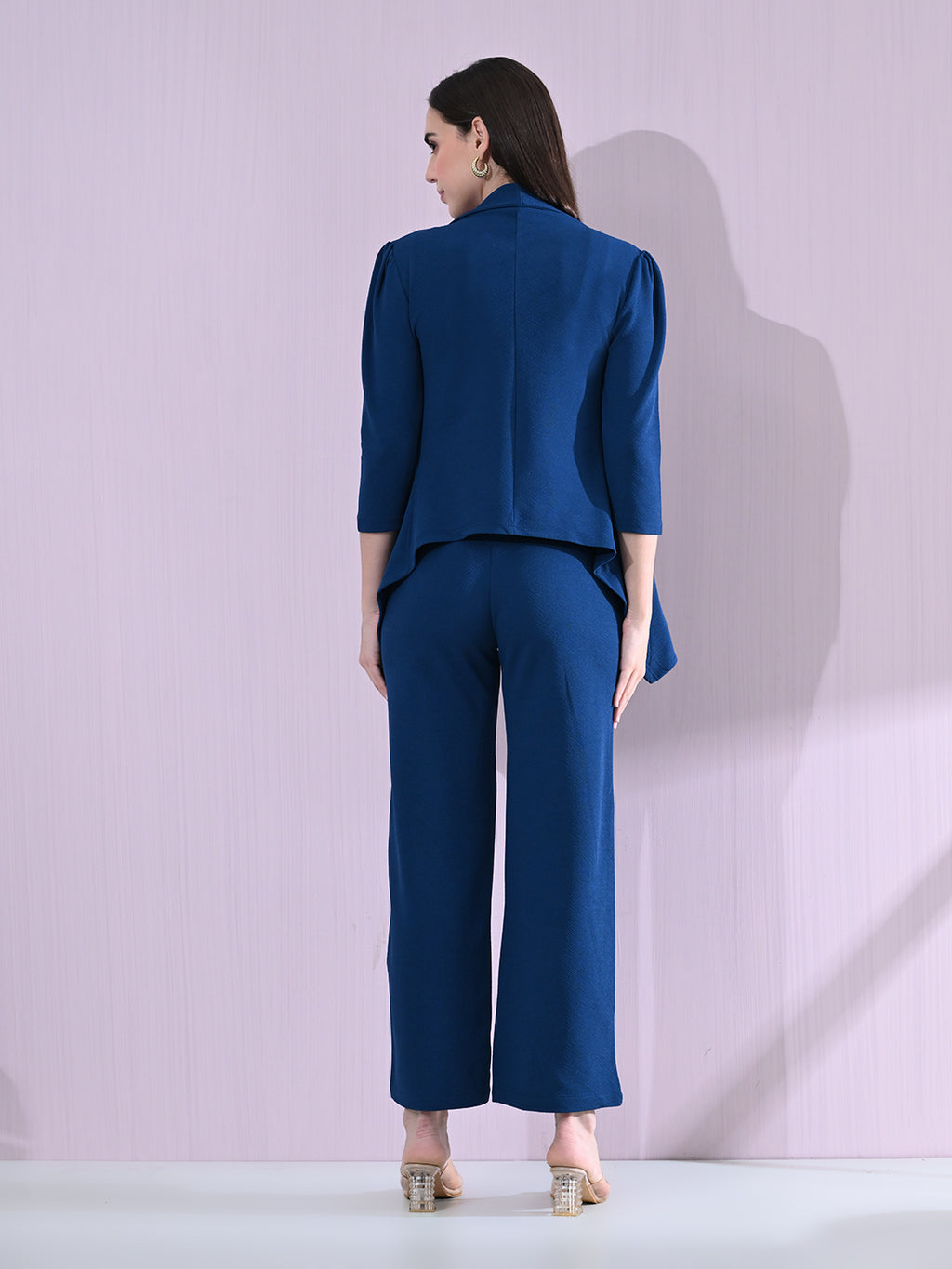 Women's Solid Relaxed Fit 3/4 Sleeve Co-ord Blazer and Trouser Set Blue