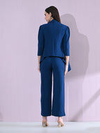 Women's Solid Relaxed Fit 3/4 Sleeve Co-ord Blazer and Trouser Set Blue