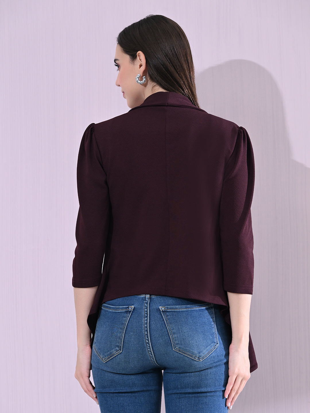 Red Wine Cotton Blend Snap Blazer For Women