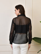 Women’s Chiffon Shirt – Full Sleeve, Collared, Regular Fit, Solid Self-Design Zig Zag Texture Shirts