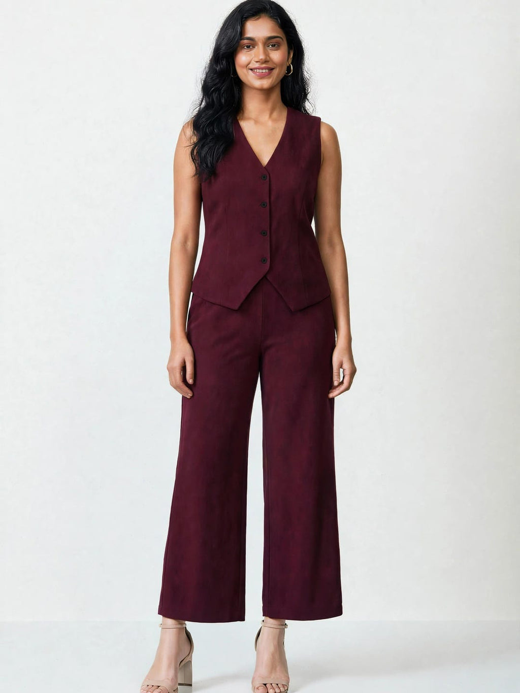 Women's Solid Sleeveless V-Neck Longline Waistcoat Co-Ord Set| Regular Fit Lycra Blend Knitted Waistcoat and Wide Leg Trouser for Casual, Office Wear & Semi-Formal Occasions