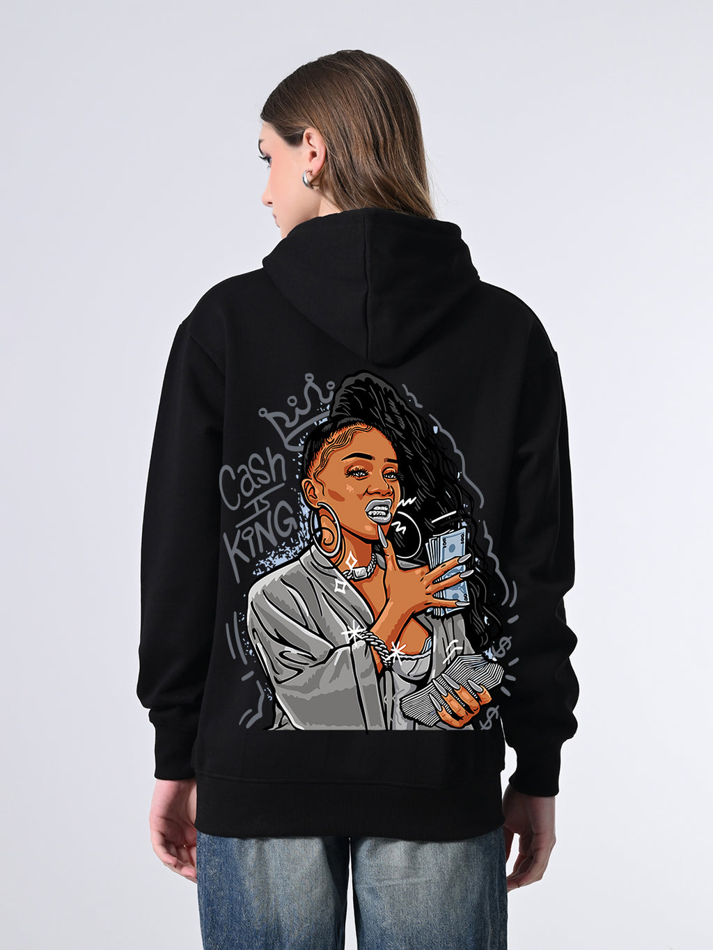Women’s Black Printed Fleece Hoodie – Cozy Relaxed Fit Pullover