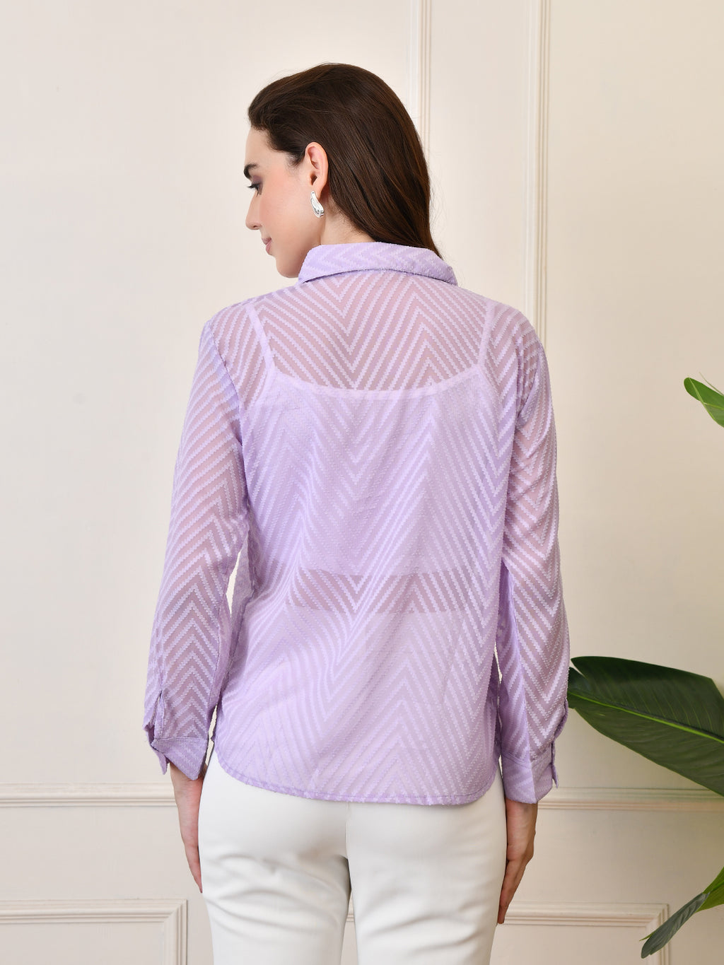 Women’s Chiffon Shirt – Full Sleeve, Collared, Regular Fit, Solid Self-Design Zig Zag Texture Shirts Lavender