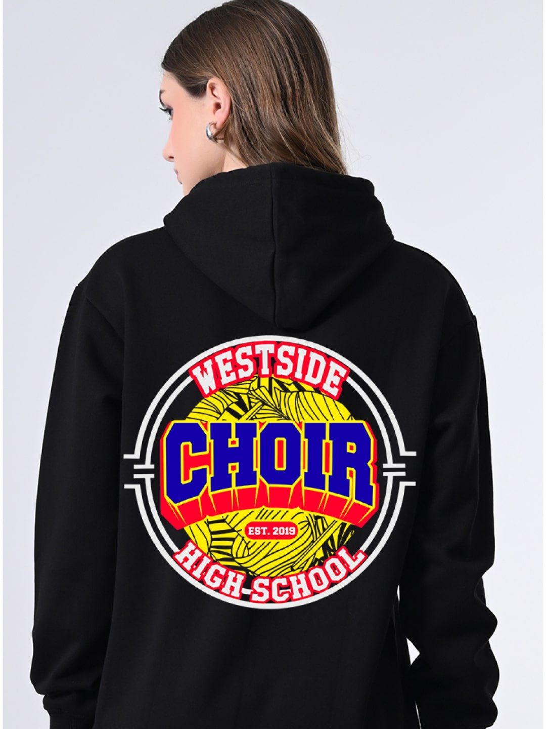 Stylish Black Hoodie for Women – Warm Printed Pullover with Lined Hood, Ribbed Finish & Full Sleeves