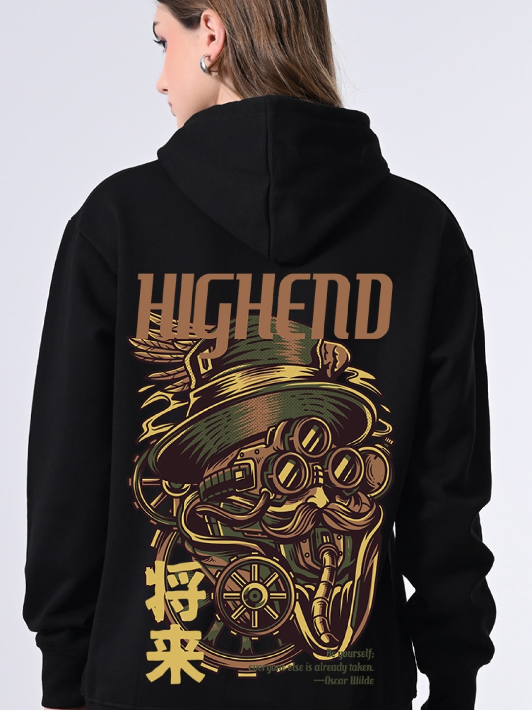 Women’s Black Printed Winter Hoodie – Relaxed Fit Pullover with Hood, Ribbed Hem & Full Sleeves