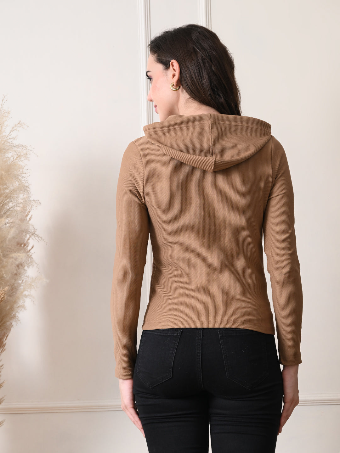 Cotton Full Sleeve Hoddie Women Solid Brown Hoodie Jacket