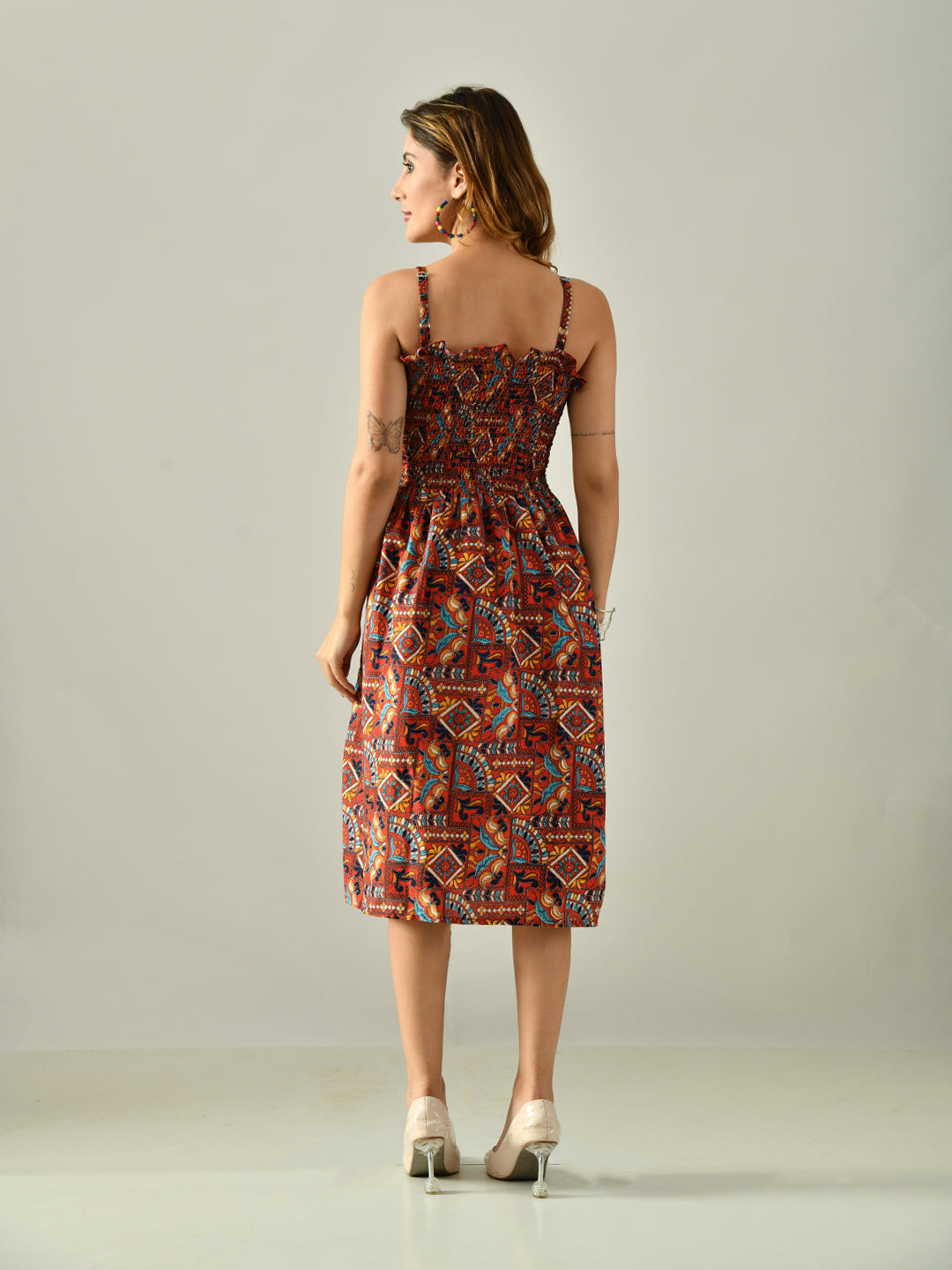 OWL MINK Women’s Flared Calf-Length Dress | Sleeveless Rayon Crepe