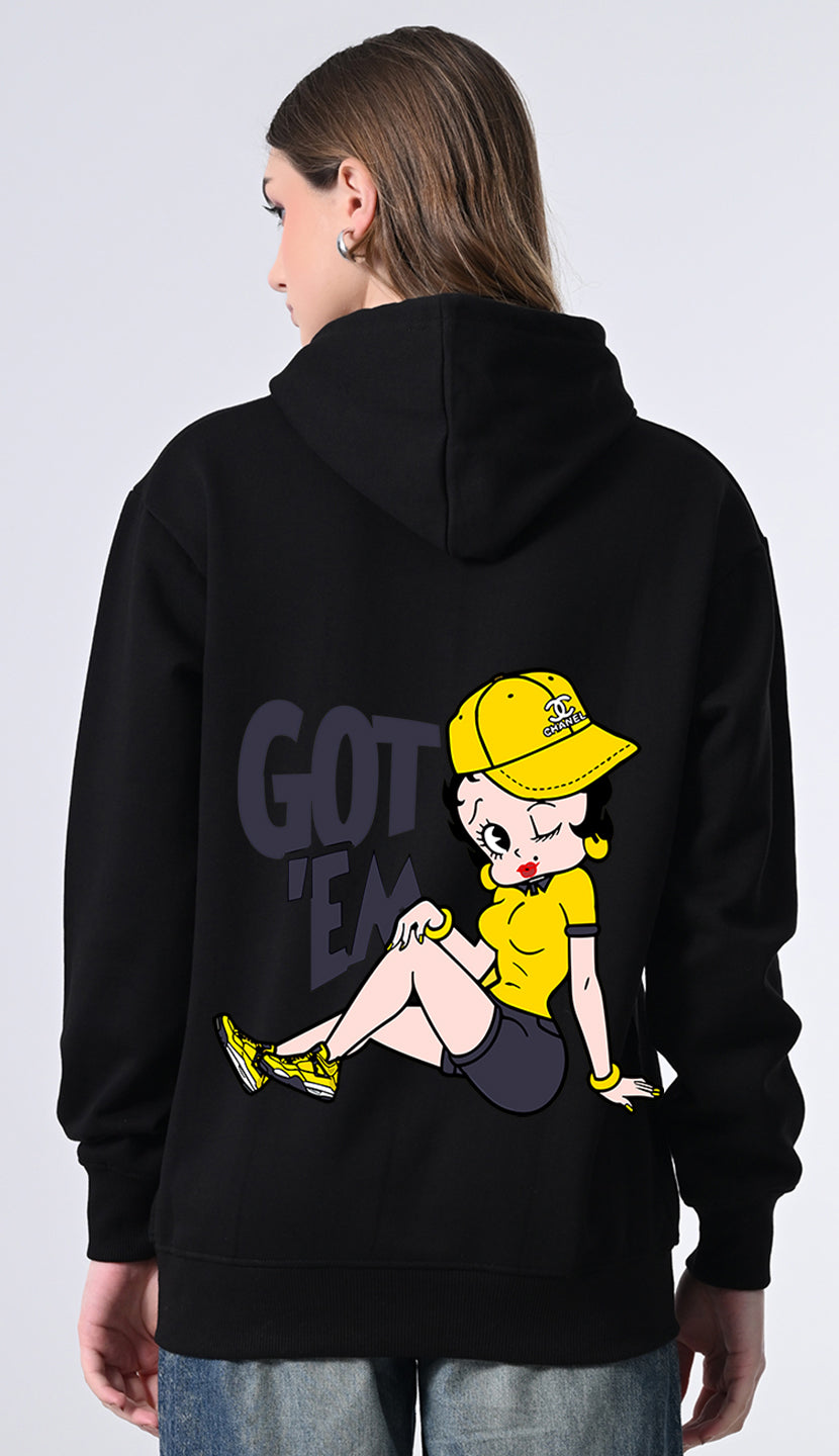 Women’s Soft Fleece Black Hoodie – Printed Relaxed Fit Design