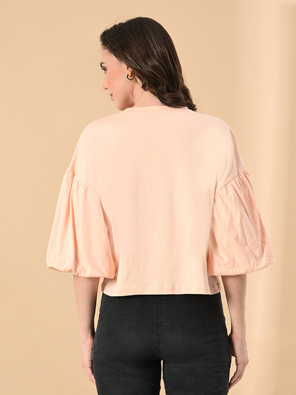 Women’s 100% Cotton Oversized Crop Top – Balloon Sleeves & Trendy Round Neck