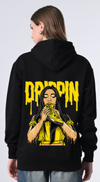 Women’s Relaxed Black Hoodie – Printed Fleece with Pocket