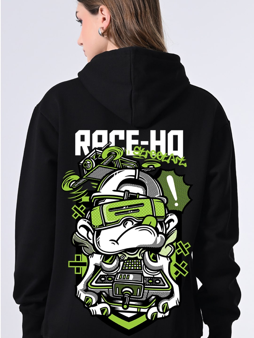 Black Printed Hoodie for Women – Cozy Winter Pullover with Relaxed Fit, Ribbed Hem, Lined Hood & Full Sleeves