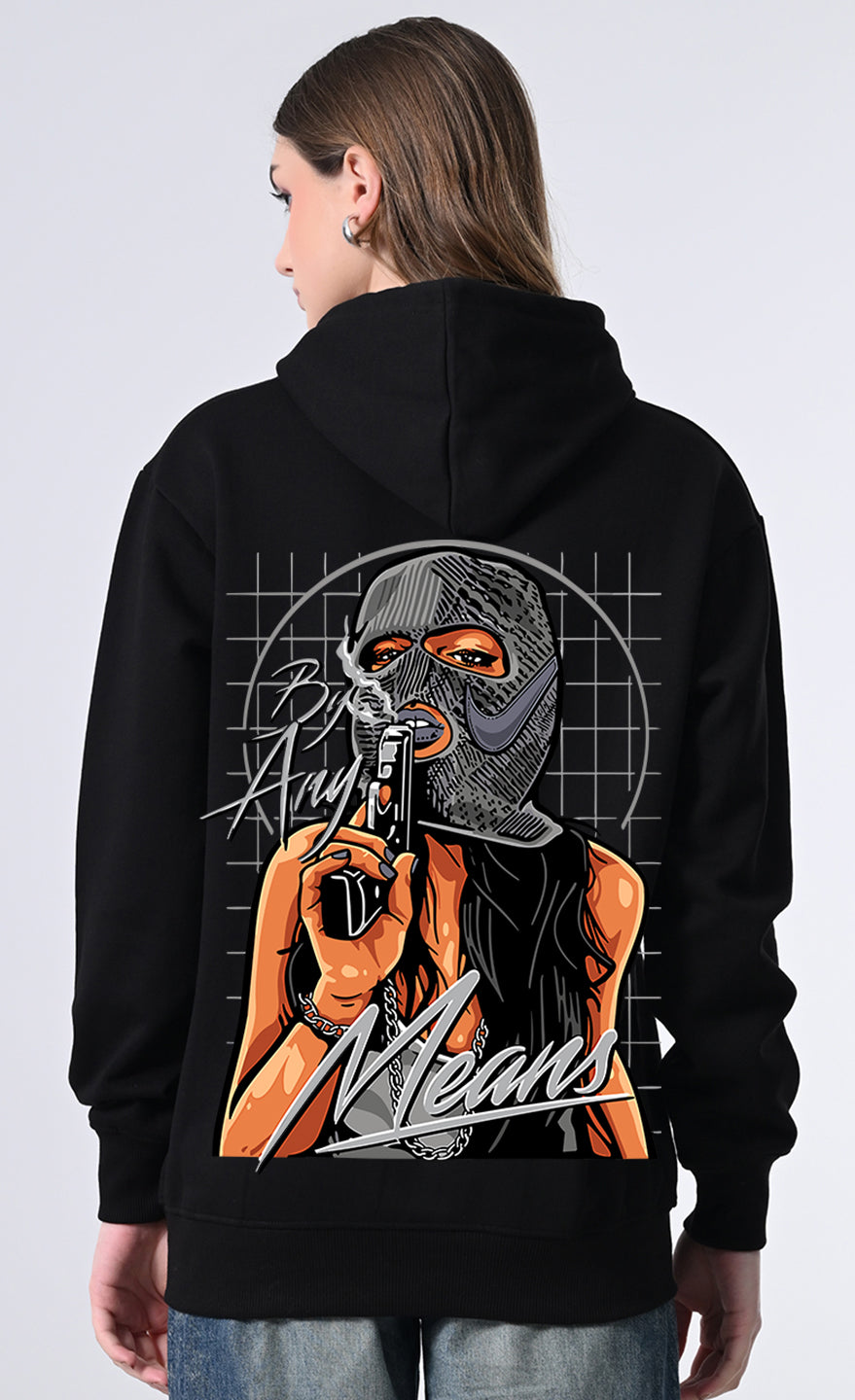 Women’s Relaxed Fit Black Printed Hoodie with Front Kangaroo Pocket