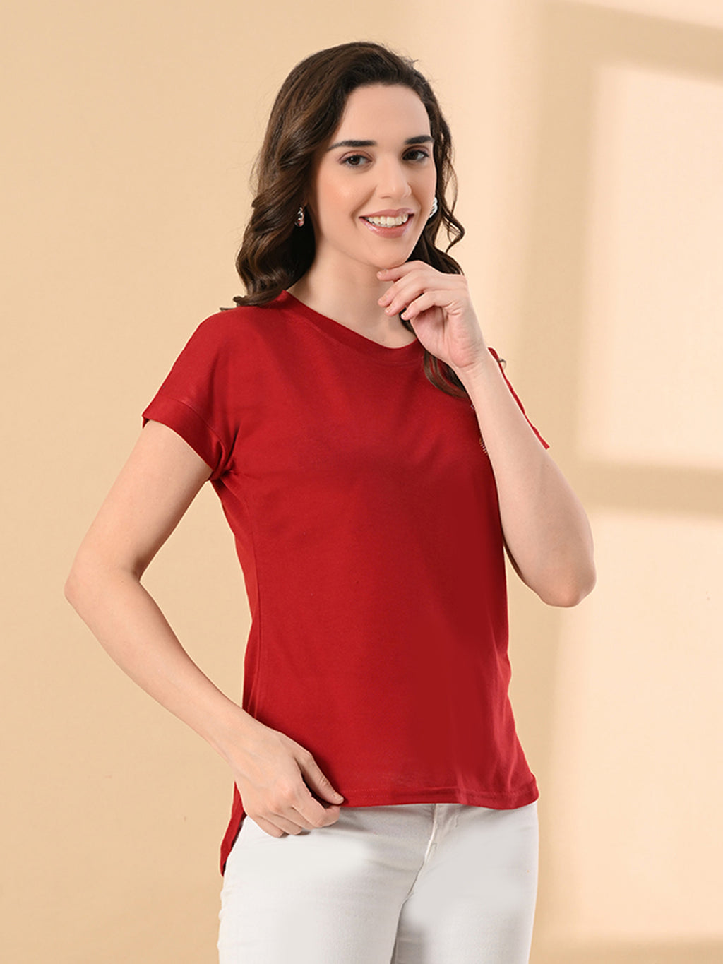 Women’s High-Low Hem T-Shirt – Cotton Lycra, Crystal Print, Short Sleeves, Casual Wear