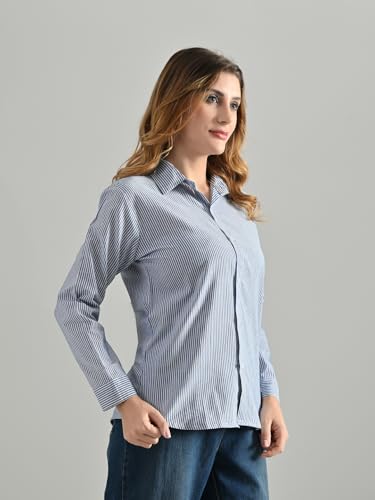 OWL MINK Women’s Blue Cotton Striped Shirt | Regular Fit, Full Sleeve