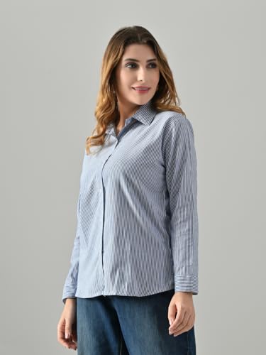 OWL MINK Women’s Blue Cotton Striped Shirt | Regular Fit, Full Sleeve