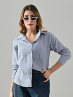 OWL MINK Women’s Blue Cotton Striped Shirt | Regular Fit, Full Sleeve