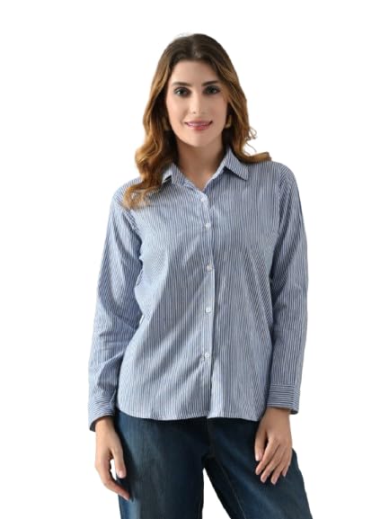 OWL MINK Women’s Blue Cotton Striped Shirt | Regular Fit, Full Sleeve