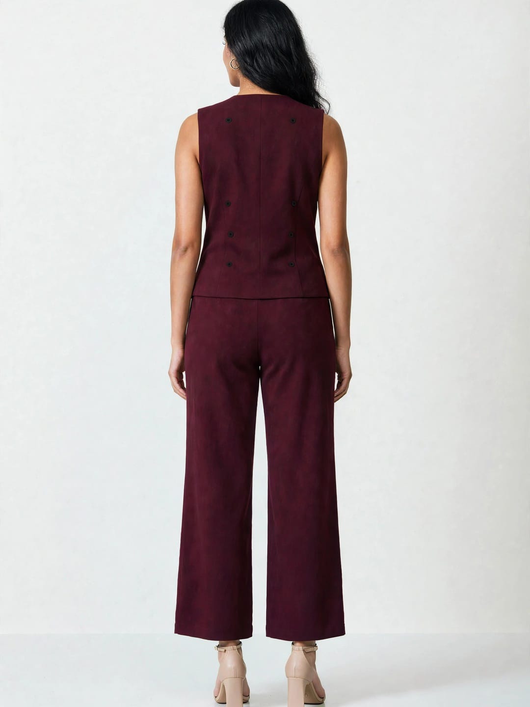 Women's Solid Sleeveless V-Neck Longline Waistcoat Co-Ord Set| Regular Fit Lycra Blend Knitted Waistcoat and Wide Leg Trouser for Casual, Office Wear & Semi-Formal Occasions