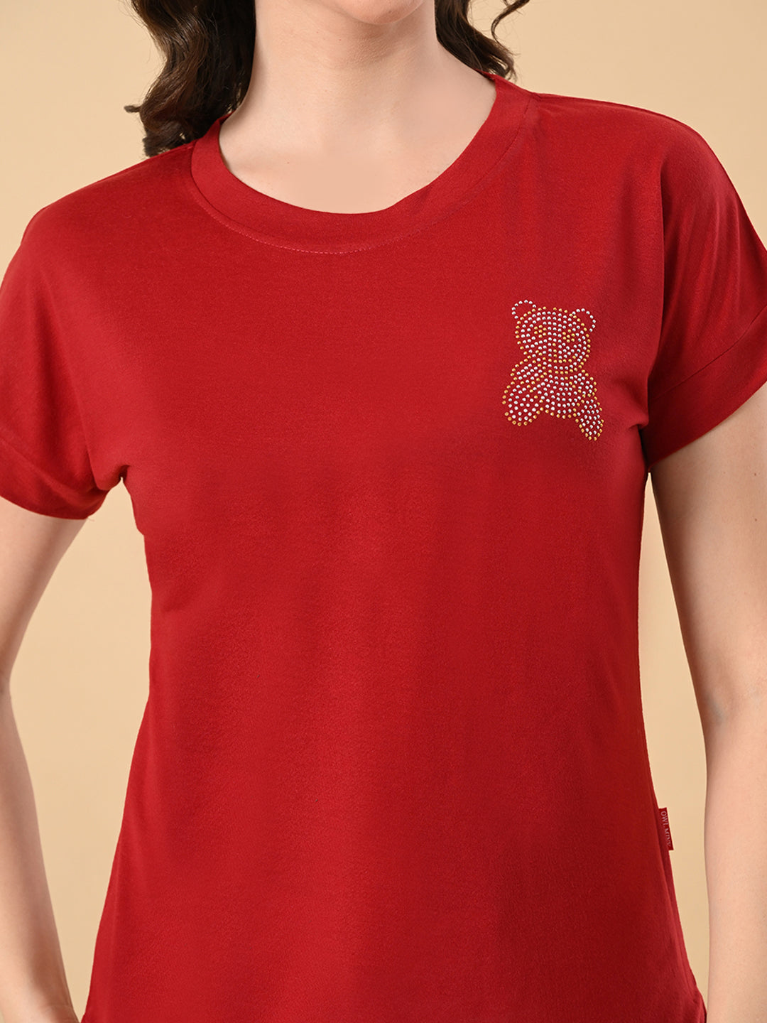 Women’s High-Low Hem T-Shirt – Cotton Lycra, Crystal Print, Short Sleeves, Casual Wear