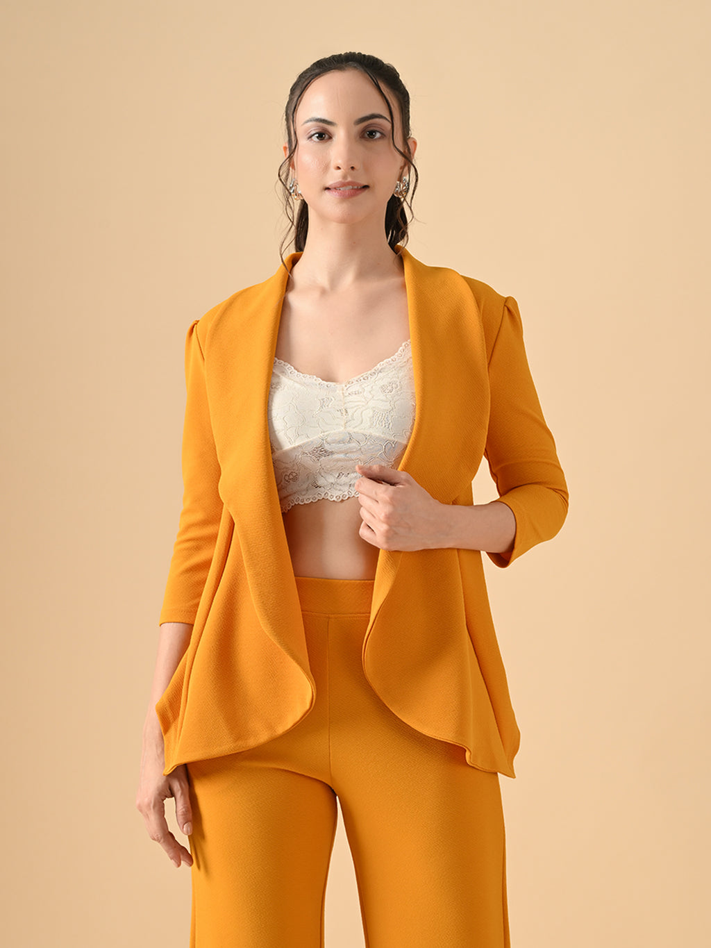 Women's Solid Relaxed Fit 3/4 Sleeve Co-ord Blazer and Trouser Set Mustred
