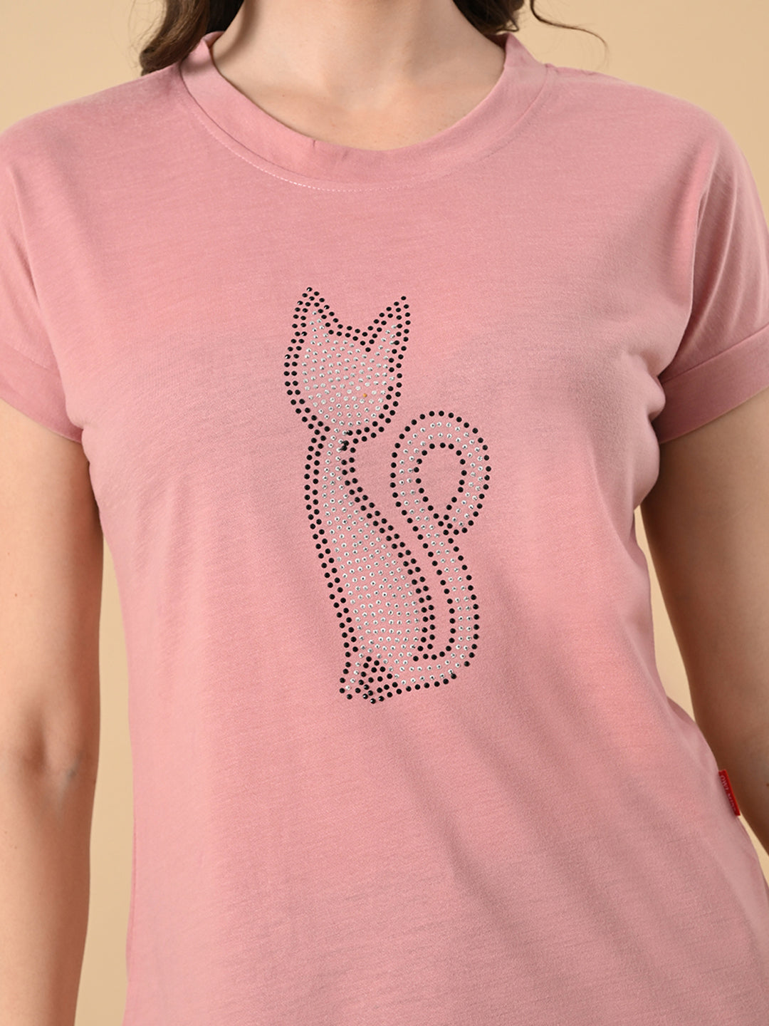 Stylish Women’s High-Low Tee with Crystal Print – Cotton Lycra