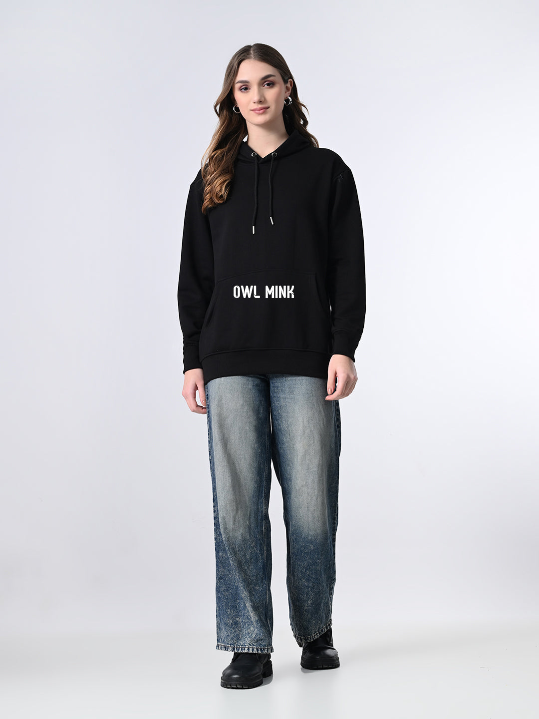 Women’s Black Printed Fleece Hoodie with Kangaroo Pocket