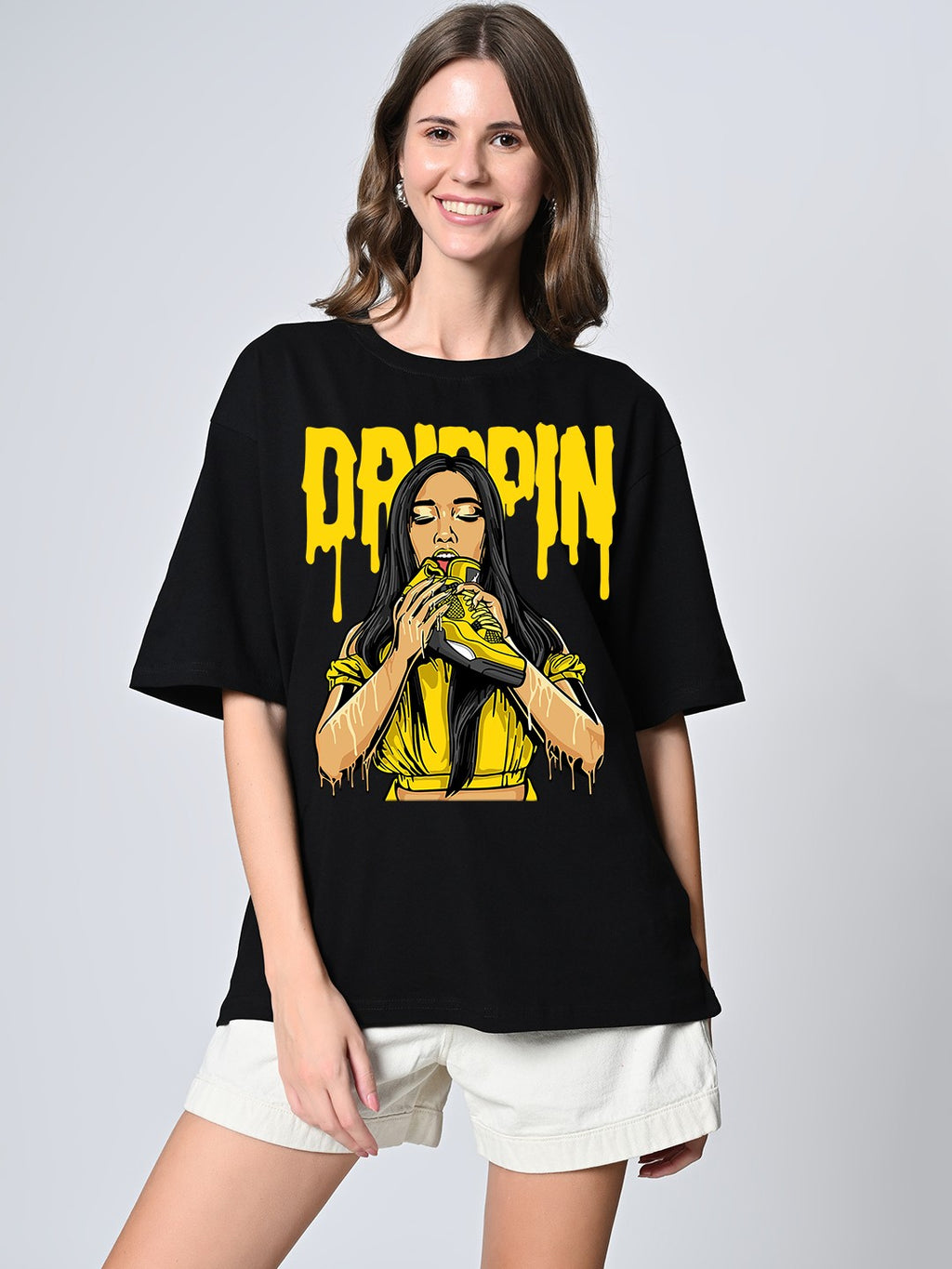 Oversized Black Printed Cotton T-Shirt for Women – Round Neck, Drop Shoulder