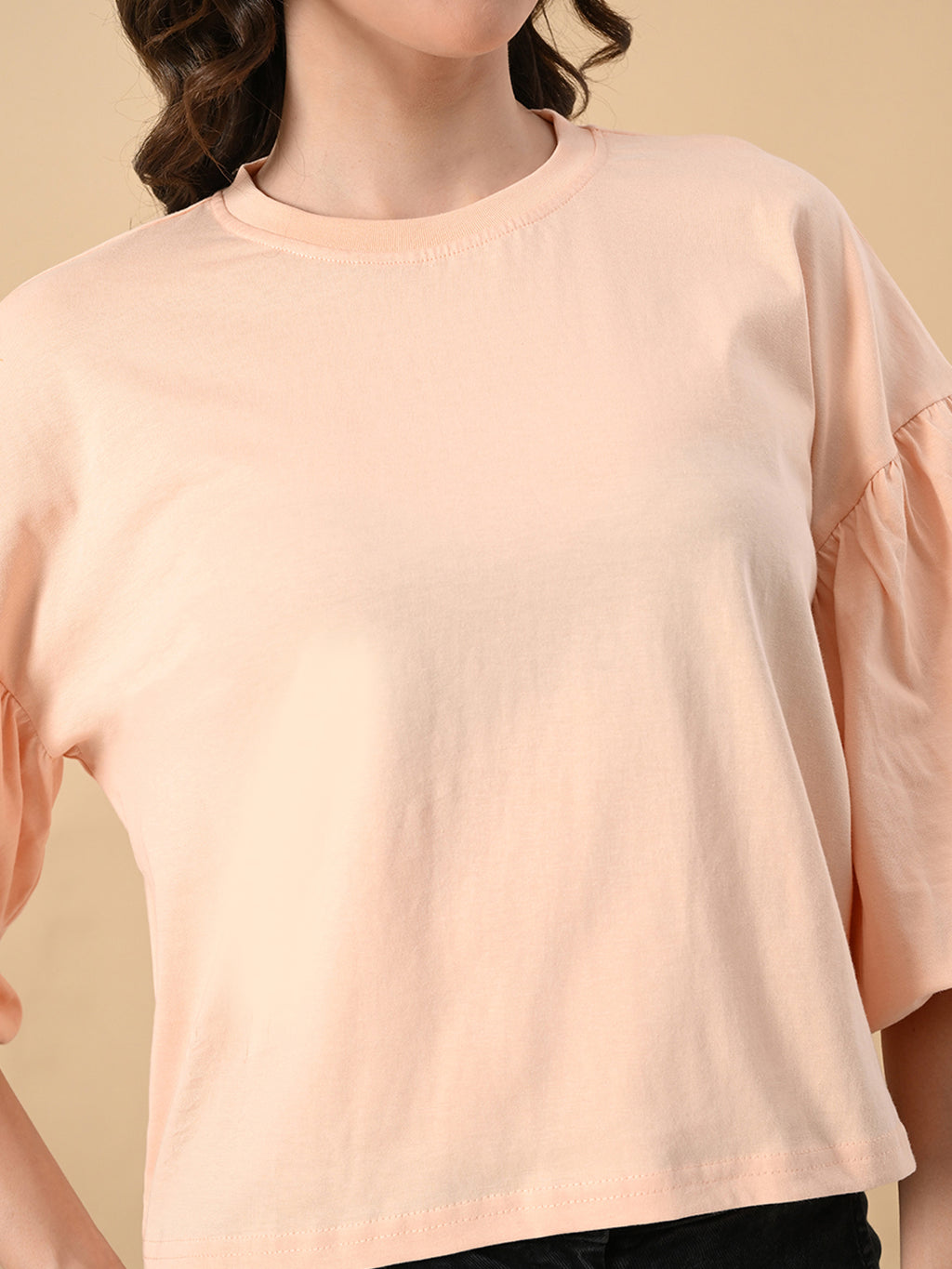 Women’s 100% Cotton Oversized Crop Top – Balloon Sleeves & Trendy Round Neck