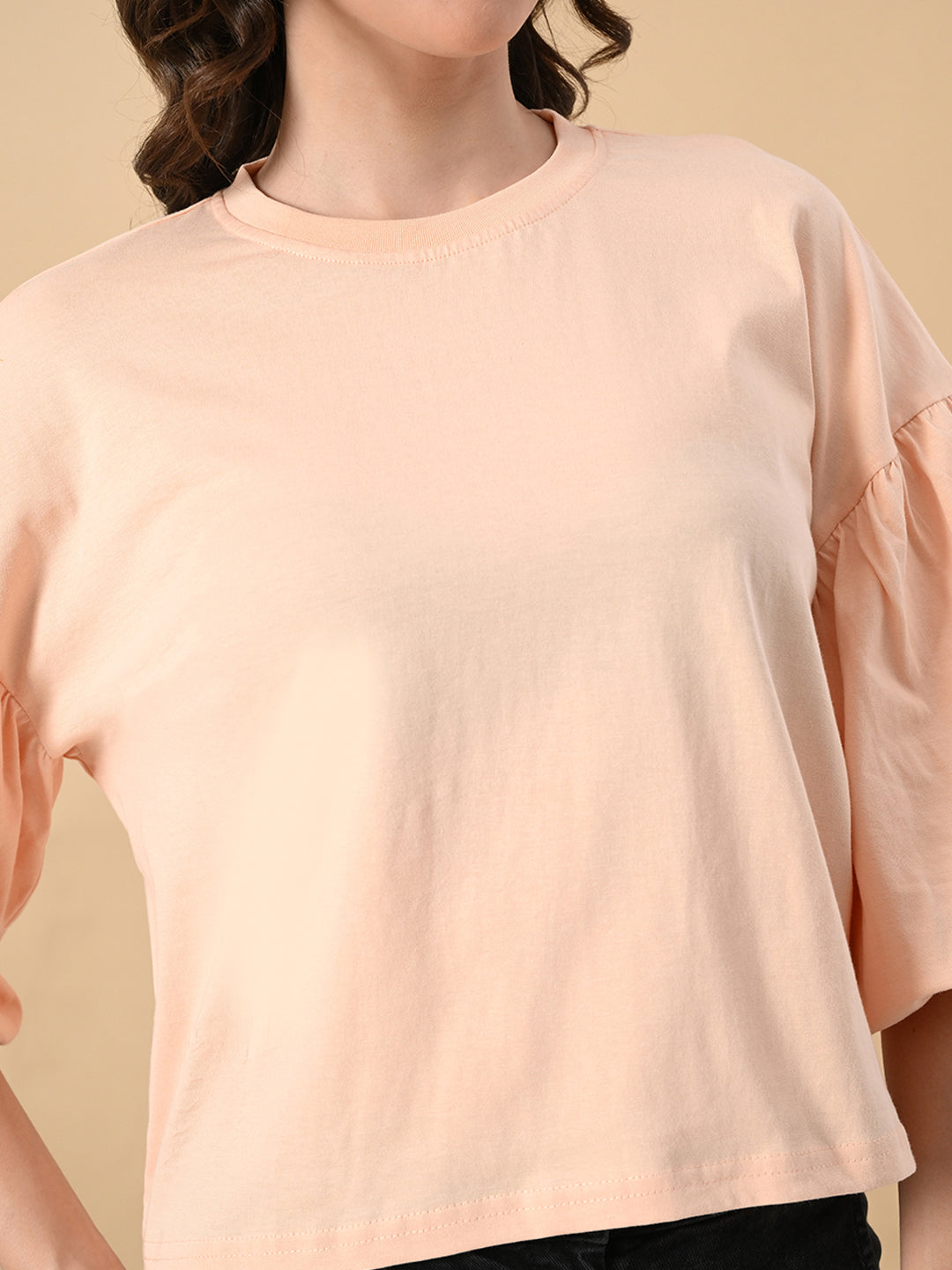 Women’s 100% Cotton Oversized Crop Top – Balloon Sleeves & Trendy Round Neck