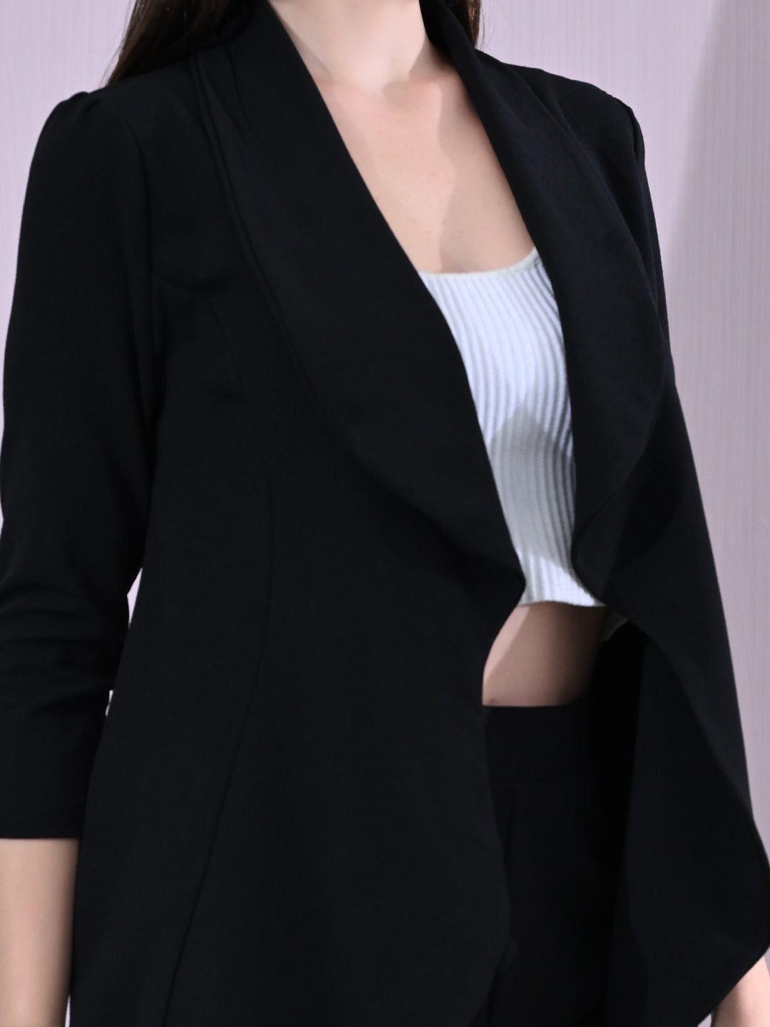 Women's Solid Relaxed Fit 3/4 Sleeve Co-ord Blazer and Trouser Set Black