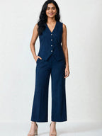 Women's Solid Sleeveless V-Neck Longline Waistcoat Co-Ord Set| Regular Fit Lycra Blend Knitted Waistcoat and Wide Leg Trouser for Casual, Office Wear & Semi-Formal Occasions
