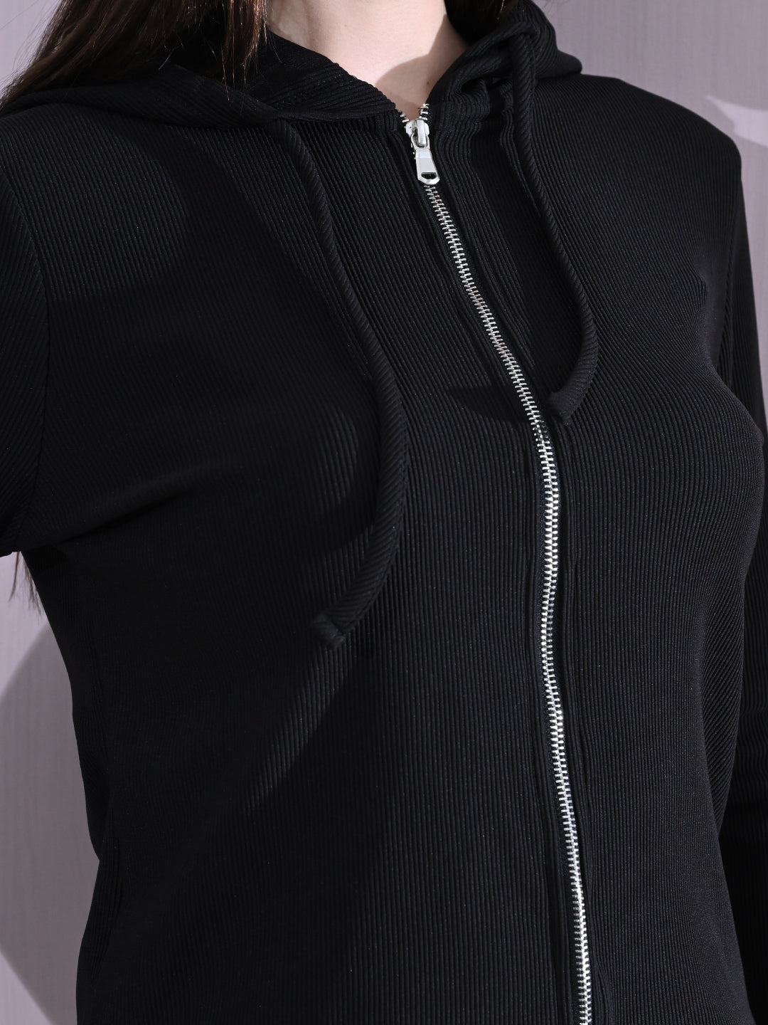 Cotton Full Sleeve Hoddie Women Solid Black Hoodie Jacket