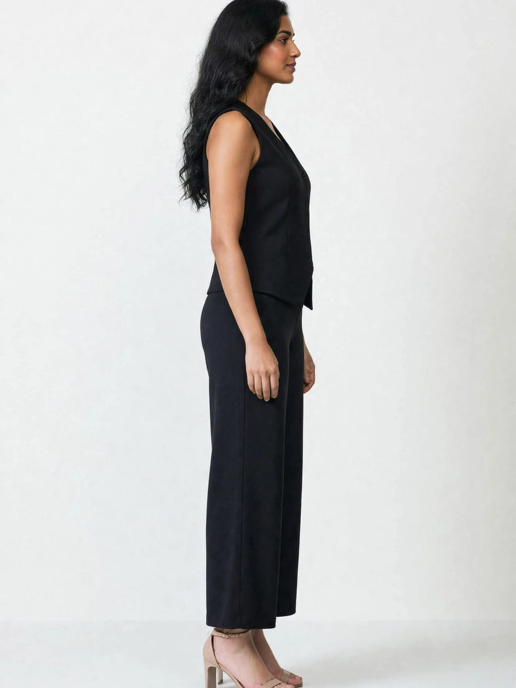 Women's Solid Sleeveless V-Neck Longline Waistcoat Co-Ord Set| Regular Fit Lycra Blend Knitted Waistcoat and Wide Leg Trouser for Casual, Office Wear & Semi-Formal Occasions